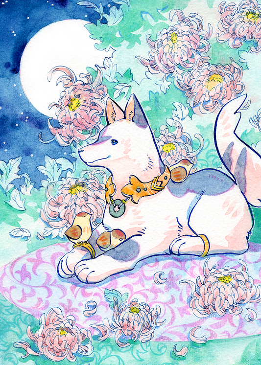 Dog & Chrysanthemum Painting