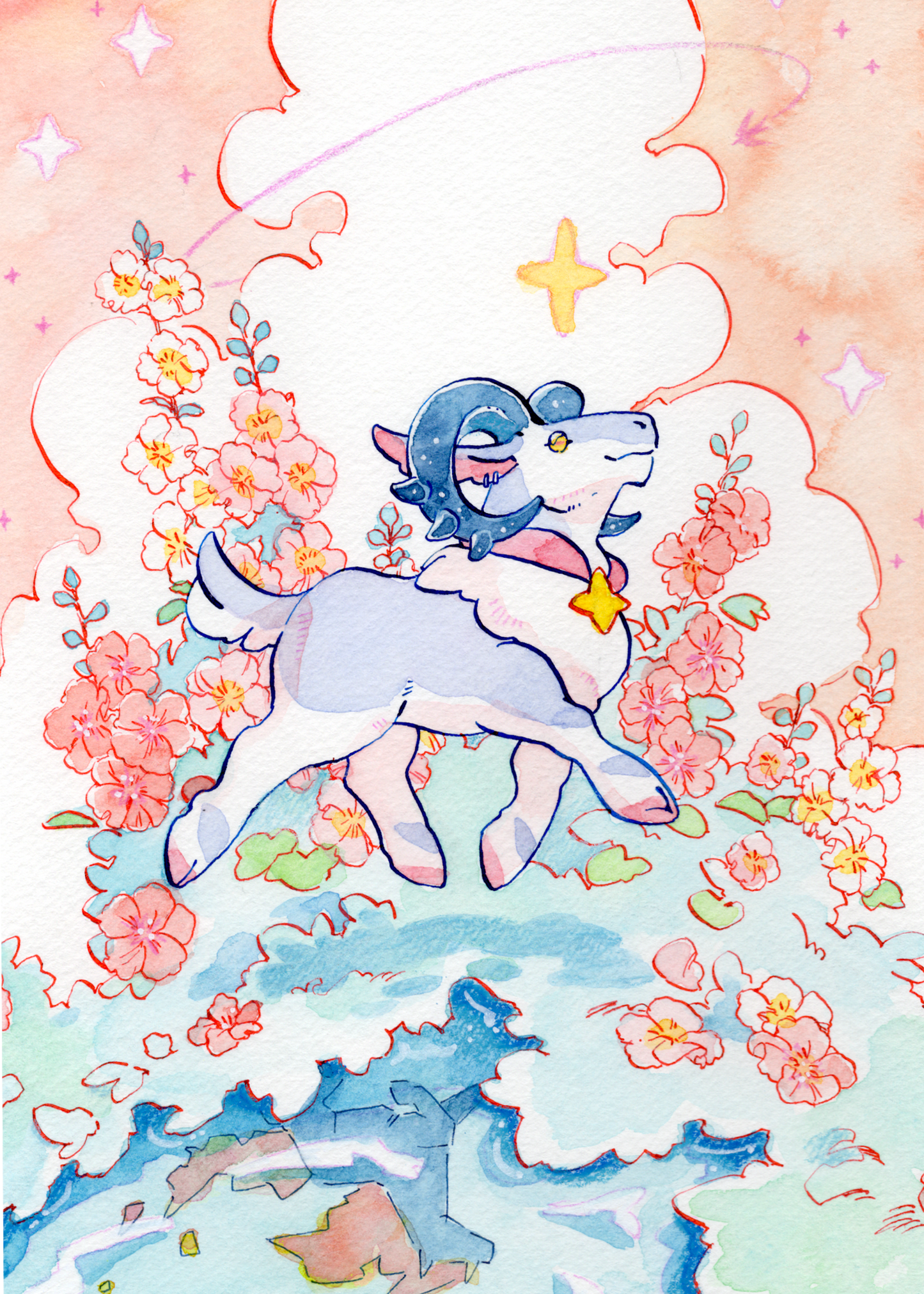 Ram & Hollyhocks Painting